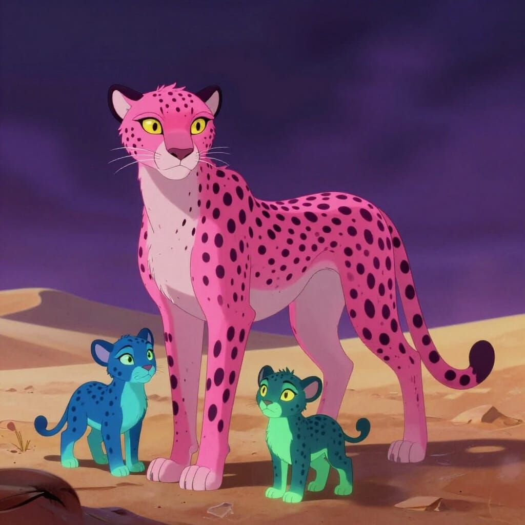 Bioluminescent Cheetah Family in Desert Fog