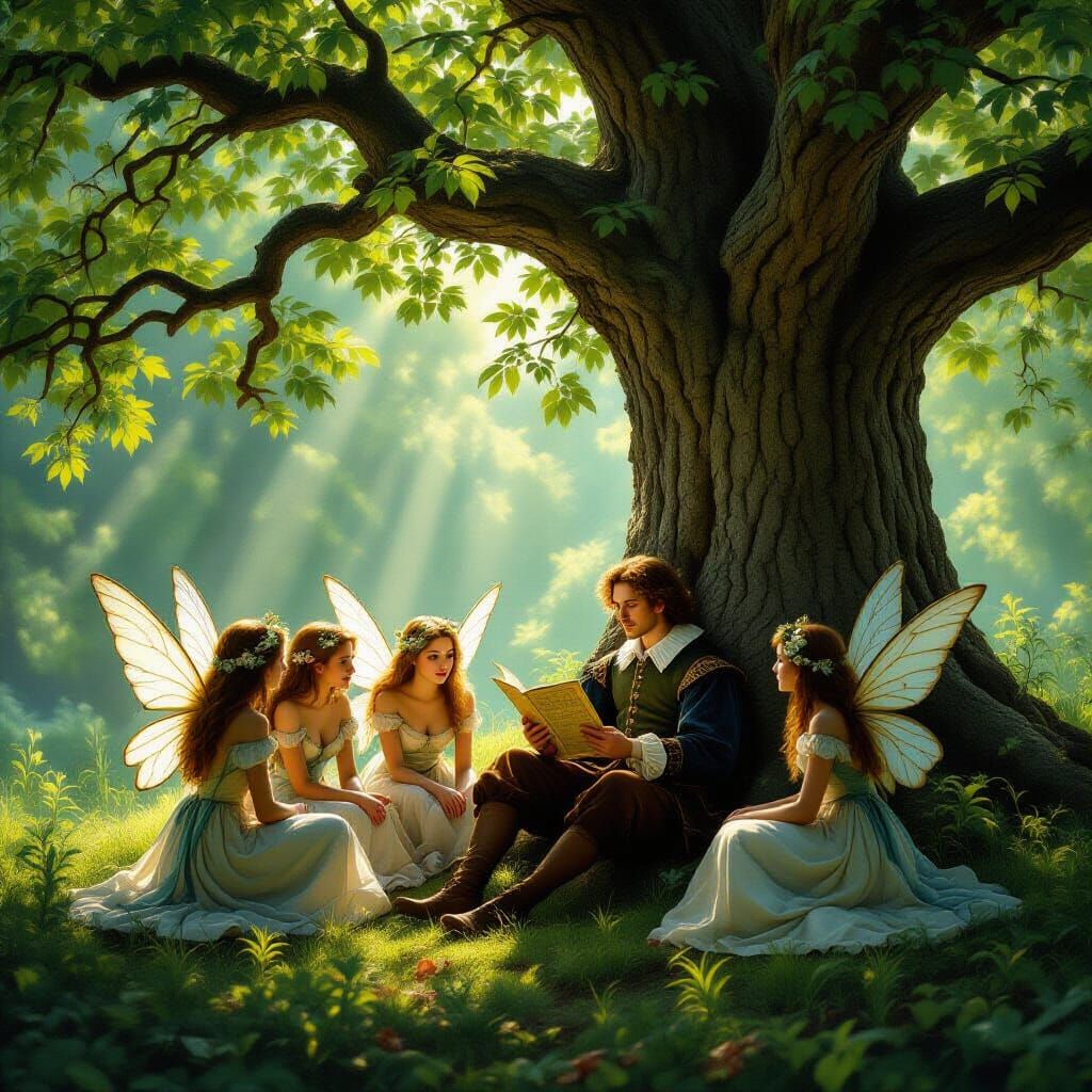 Shakespeare and Fairies in Forest, Renaissance Style