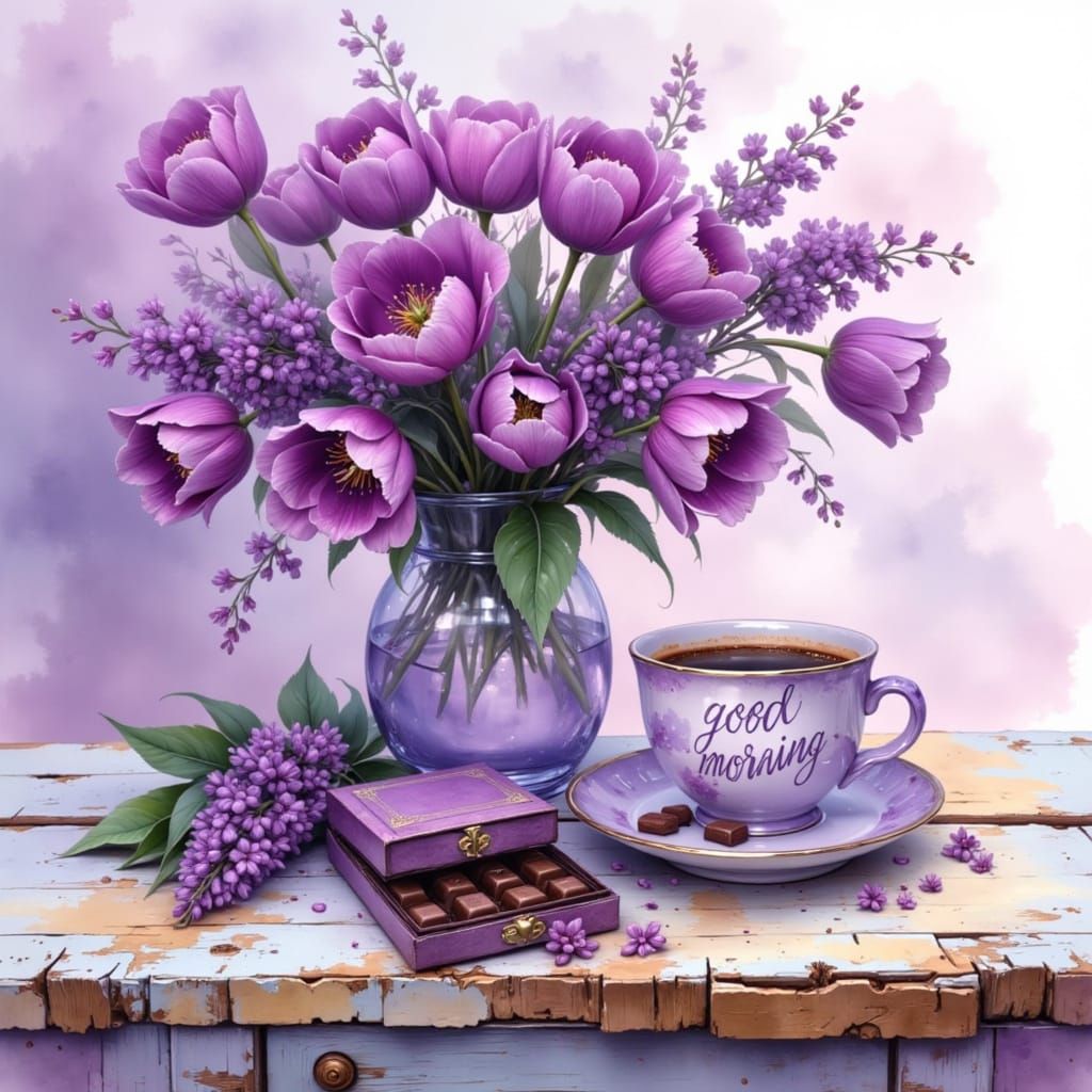 A vase with tulips and a cup of coffee and chocolates, all i...