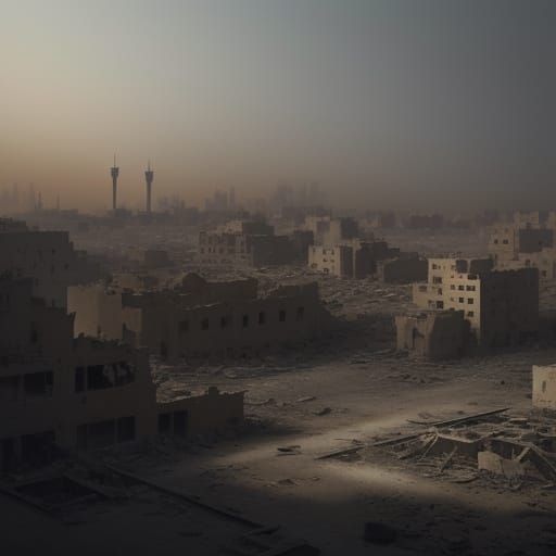 M16 Rifle Silhouette with Ruined City Double Exposure