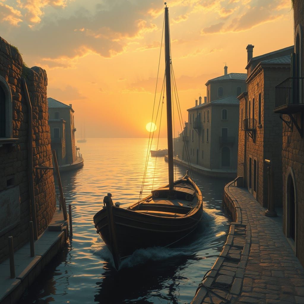 Ancient Harbor at Sunset in Atmospheric Style