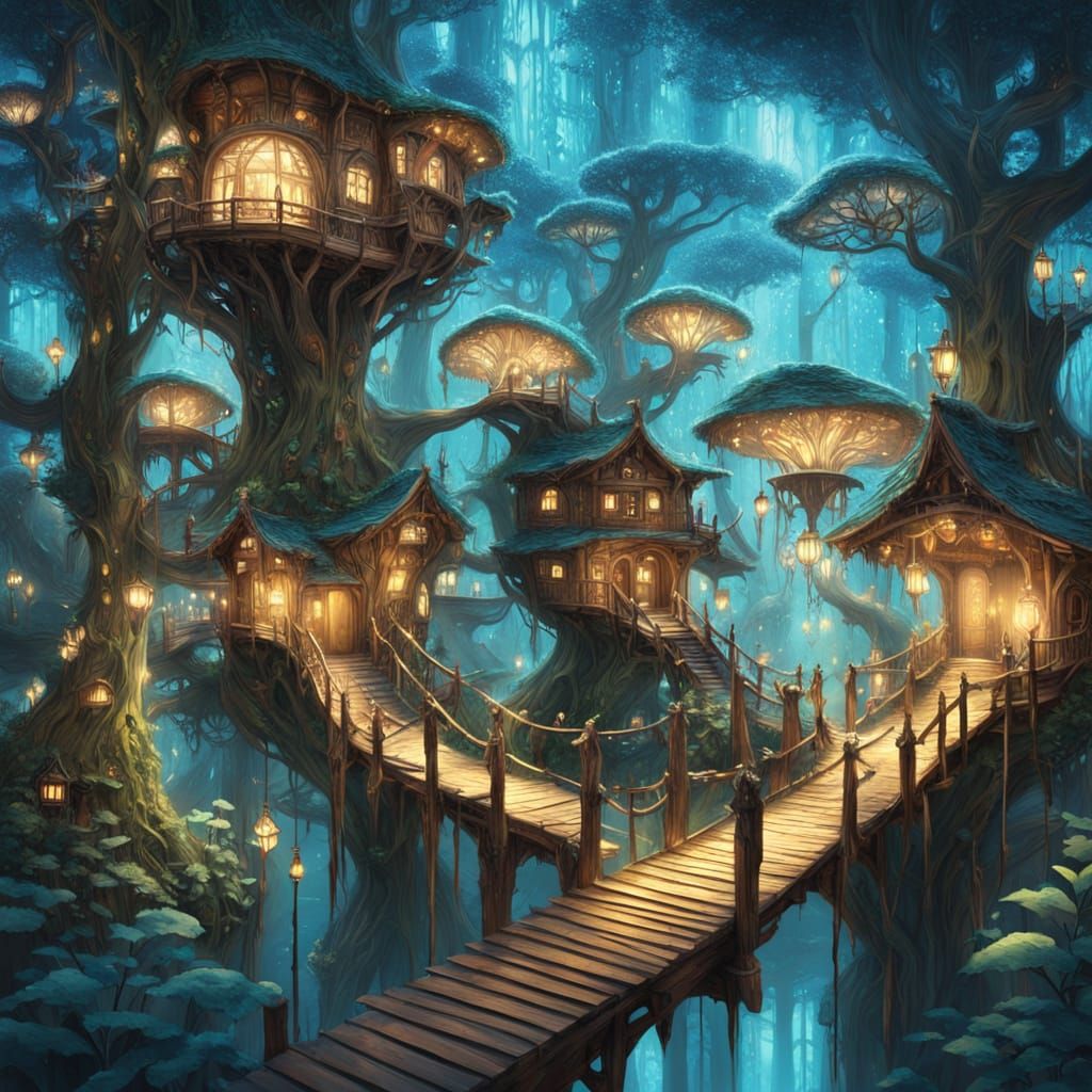 Bioluminescent Treehouse City in Ethereal Forest