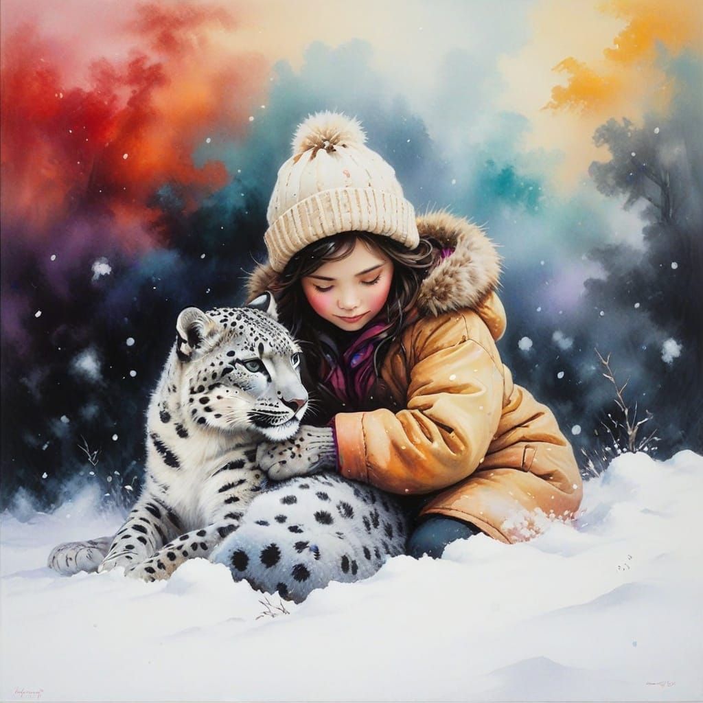 Snow Leopard and Owner Cuddle in Frosty Blizzard