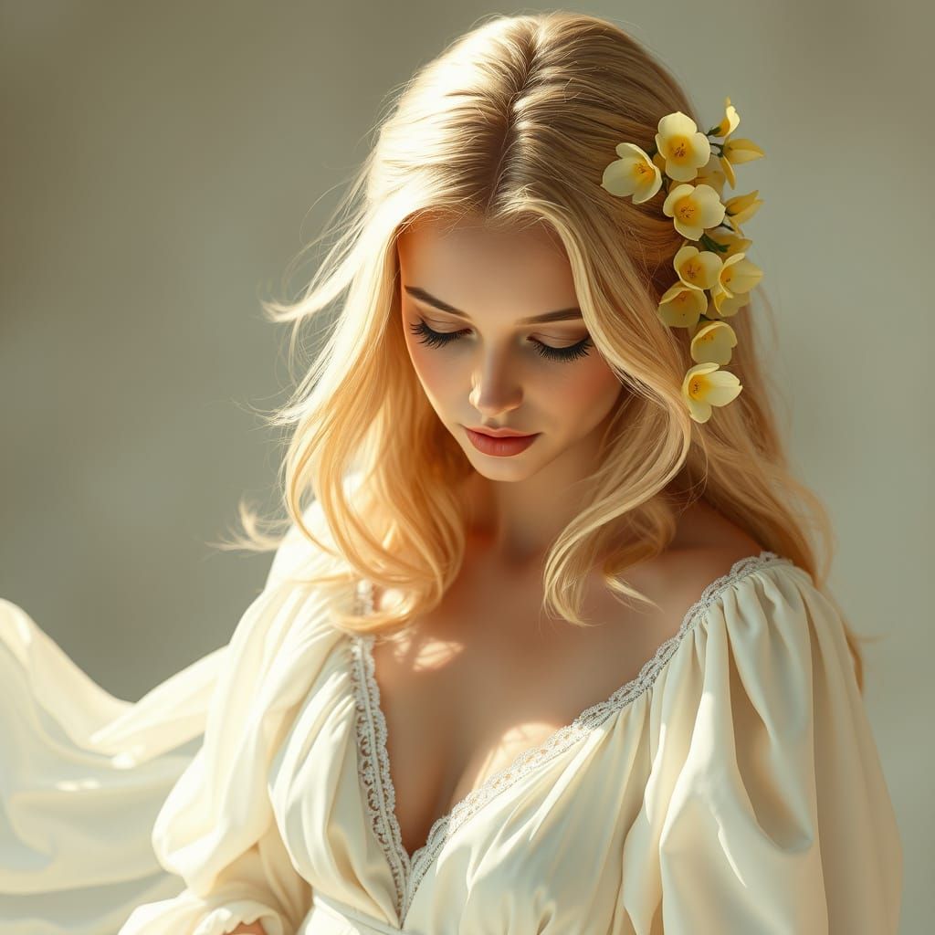 Serene Fantasy Portrait with Yellow Jasmine Flowers