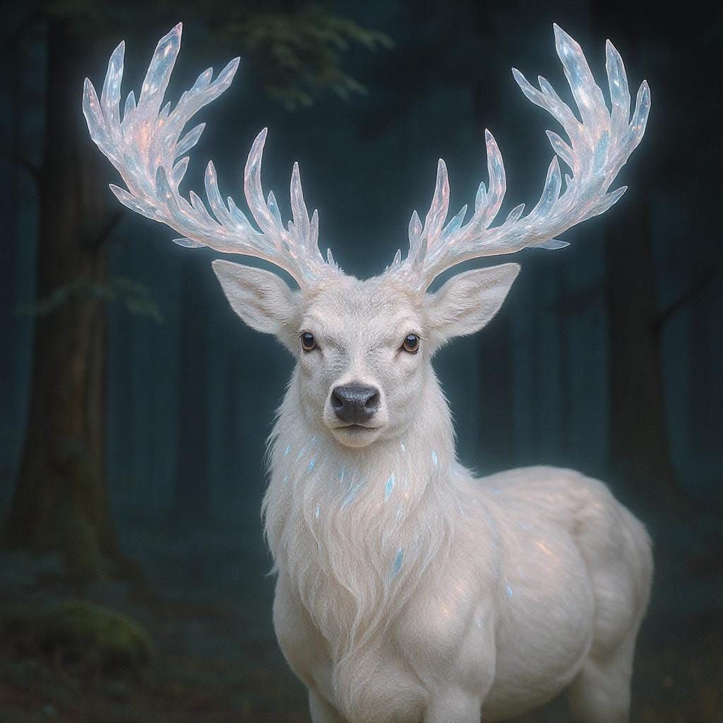 Majestic White Hart with Crystal Antlers in Ethereal Forest