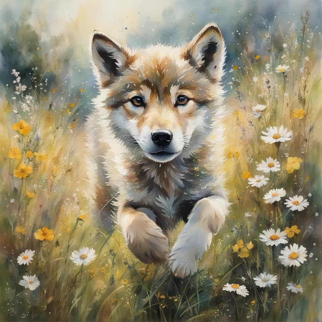 Wolf Cub Running: Neo-Impressionist Watercolor Painting