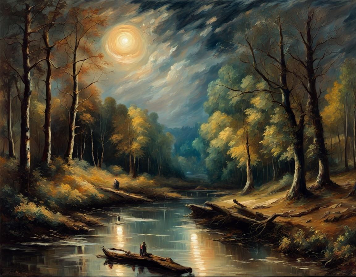 Forest at Night: Oil Painting in Landscape Style