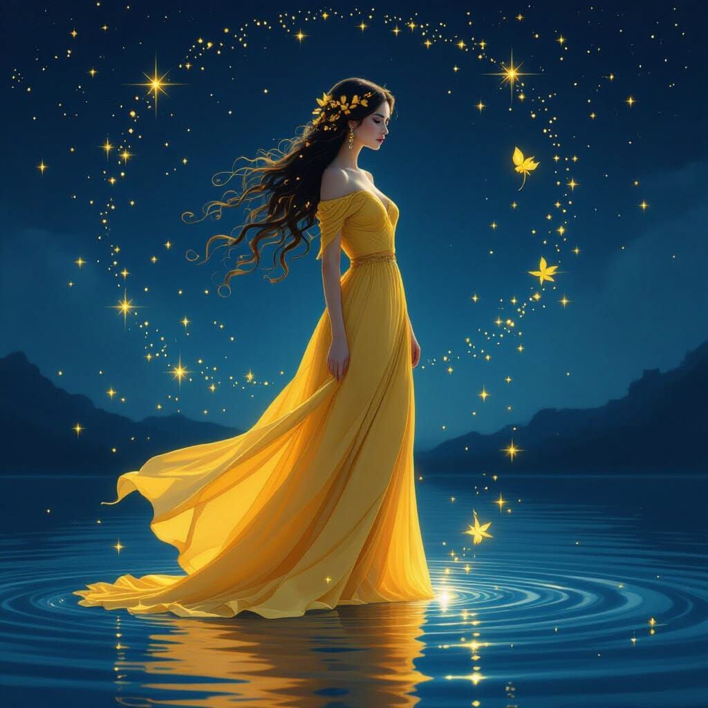 Ethereal Woman in Yellow Dress on Water Under Stars