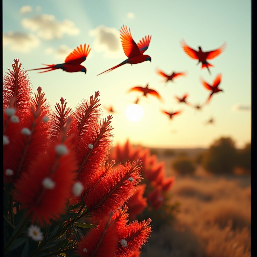 Rosella Parrots and Bottlebrush in Golden Light
