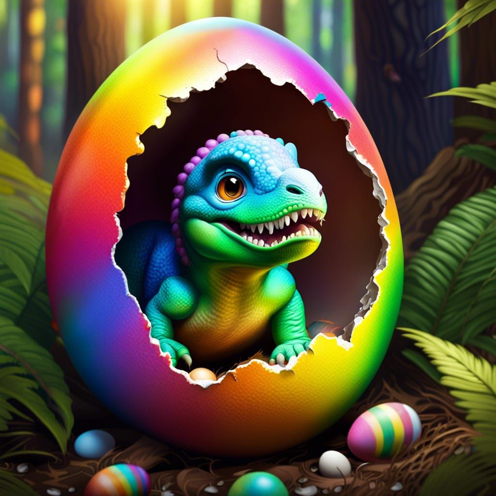 Baby Dinosaur Hatching from Rainbow Egg: Hyperrealistic Spla...