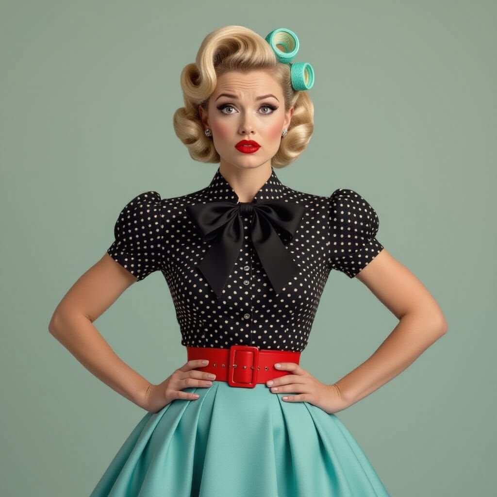 Frustrated Woman in Retro Outfit Holding Old Telephone