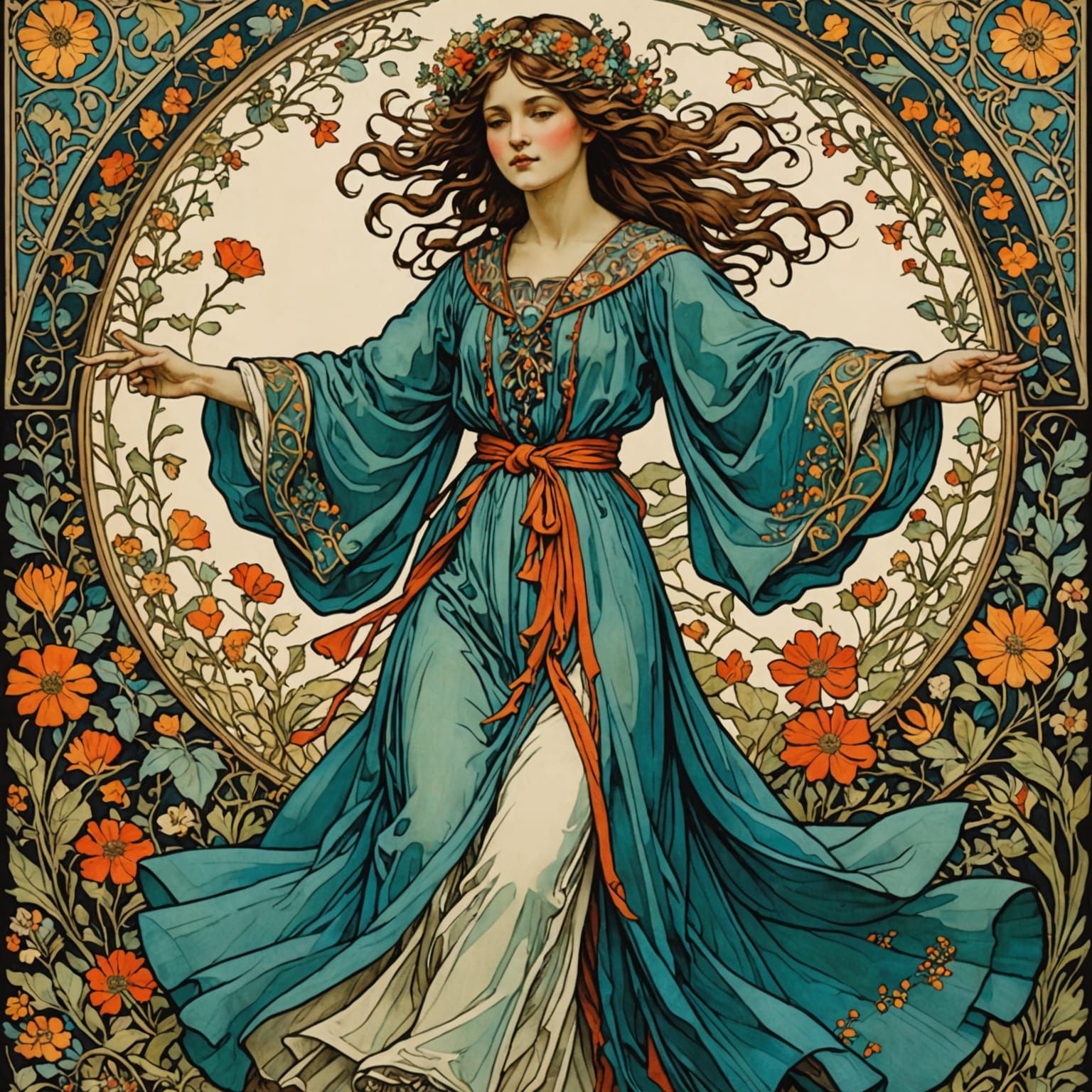 Joyous Dancer in Floral Field, Art Nouveau Style