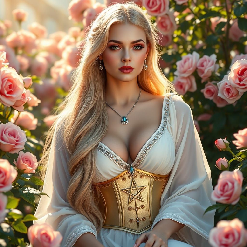 Regal Goddess in Lush Rose Garden