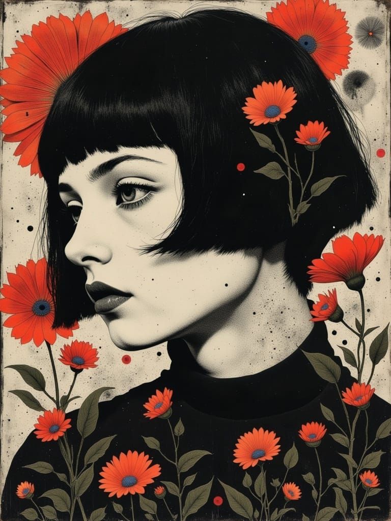 Vibrant Floralcore Portrait in Moody, Psychedelic Grungy Oil...