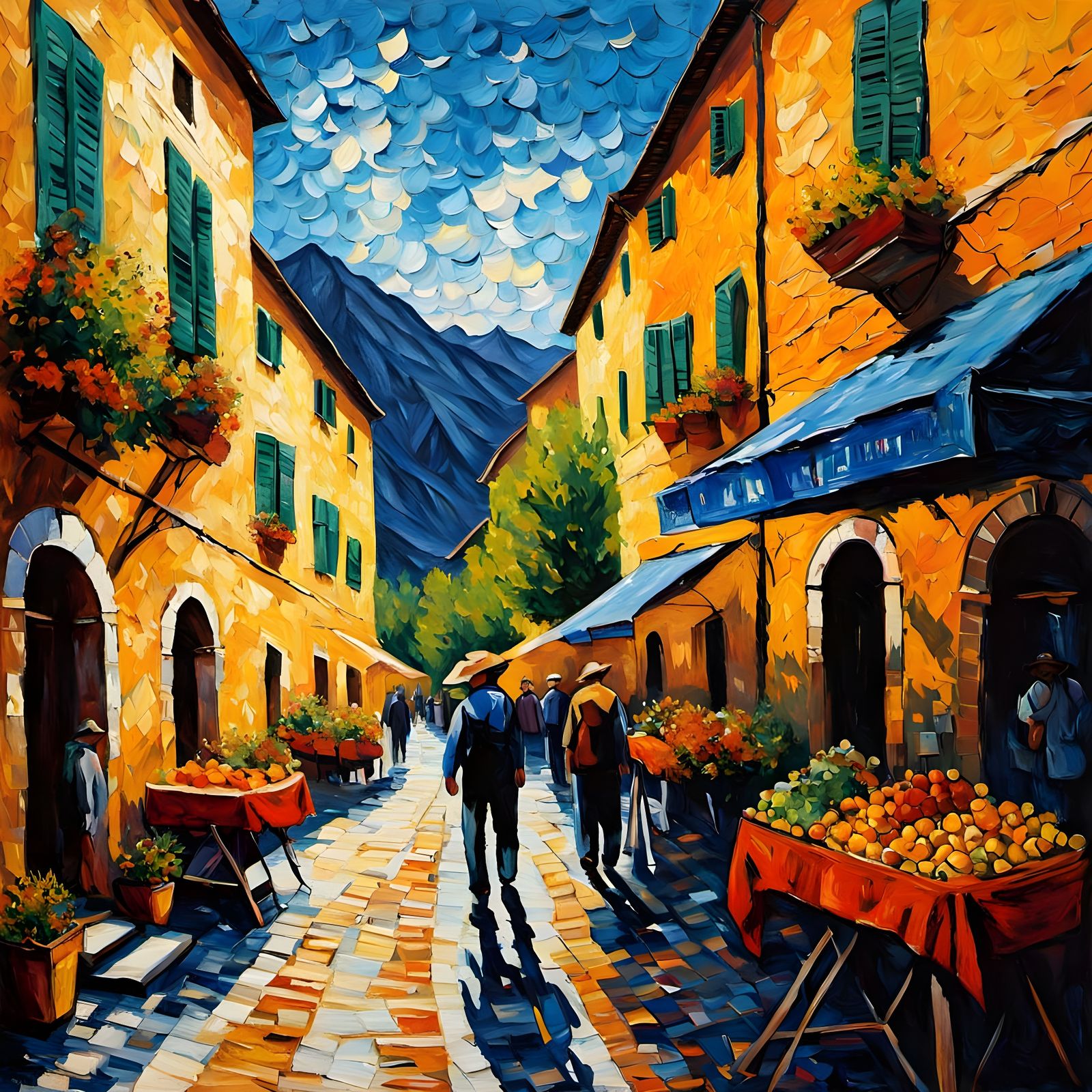 Italian Village in Vibrant Neo-Impressionist Style