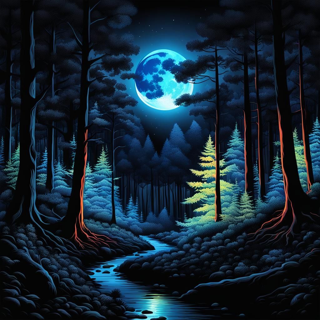 Fluorescent Forest Under a Fluorescent Moon