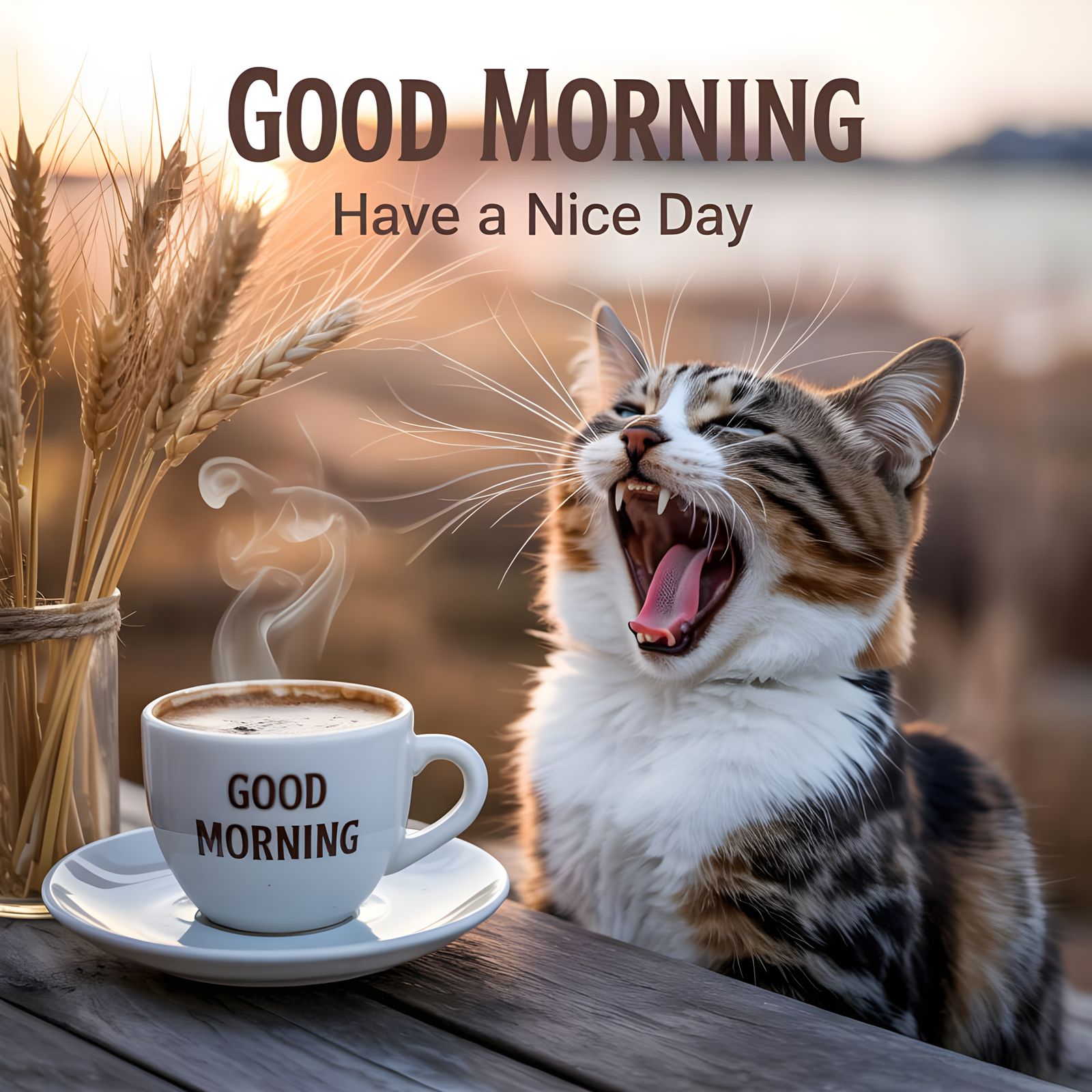 Cat Yawning Beside Coffee Cup in Morning Light