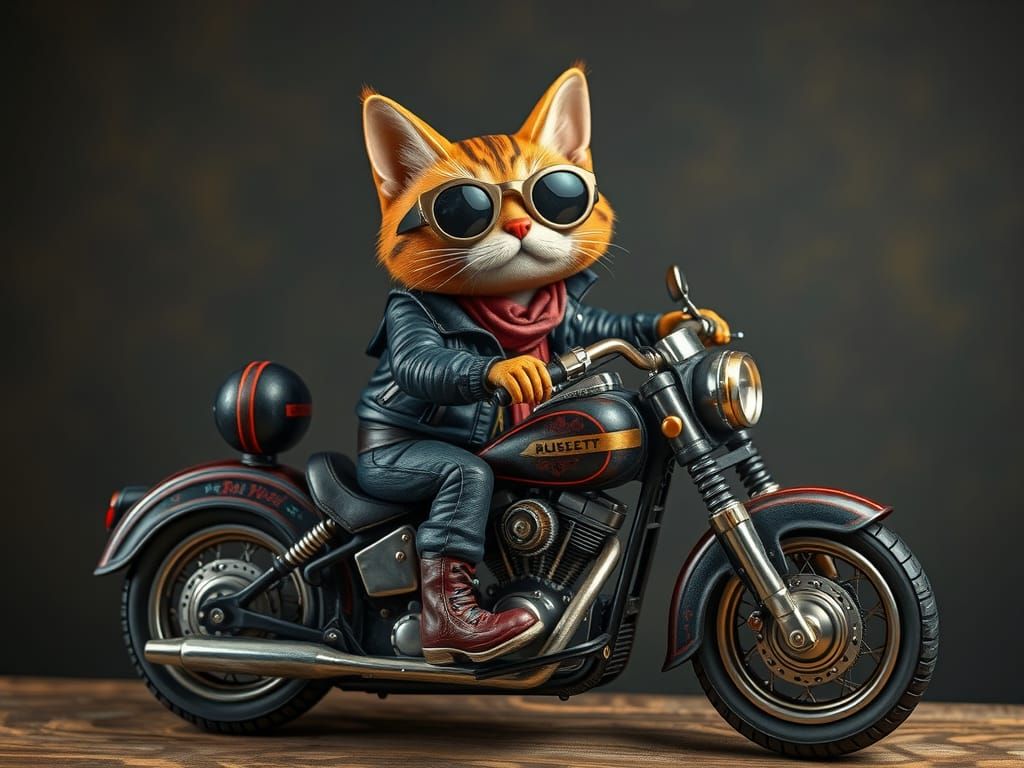 Biker Cat on Harley: Whimsical 3D Folk Art