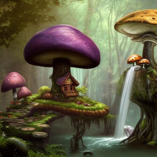 Mushroom House Waterfall Garden with Fairies