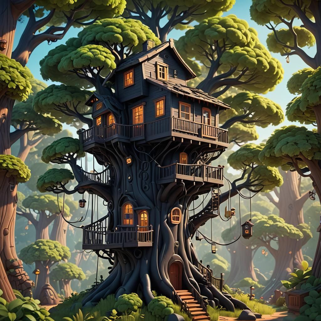 Black Licorice Treehouse: Pixar-Inspired 3D Digital Art