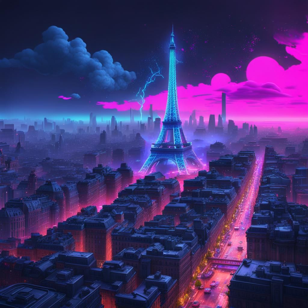 Vaporwave Paris Cityscape in Neon Colors