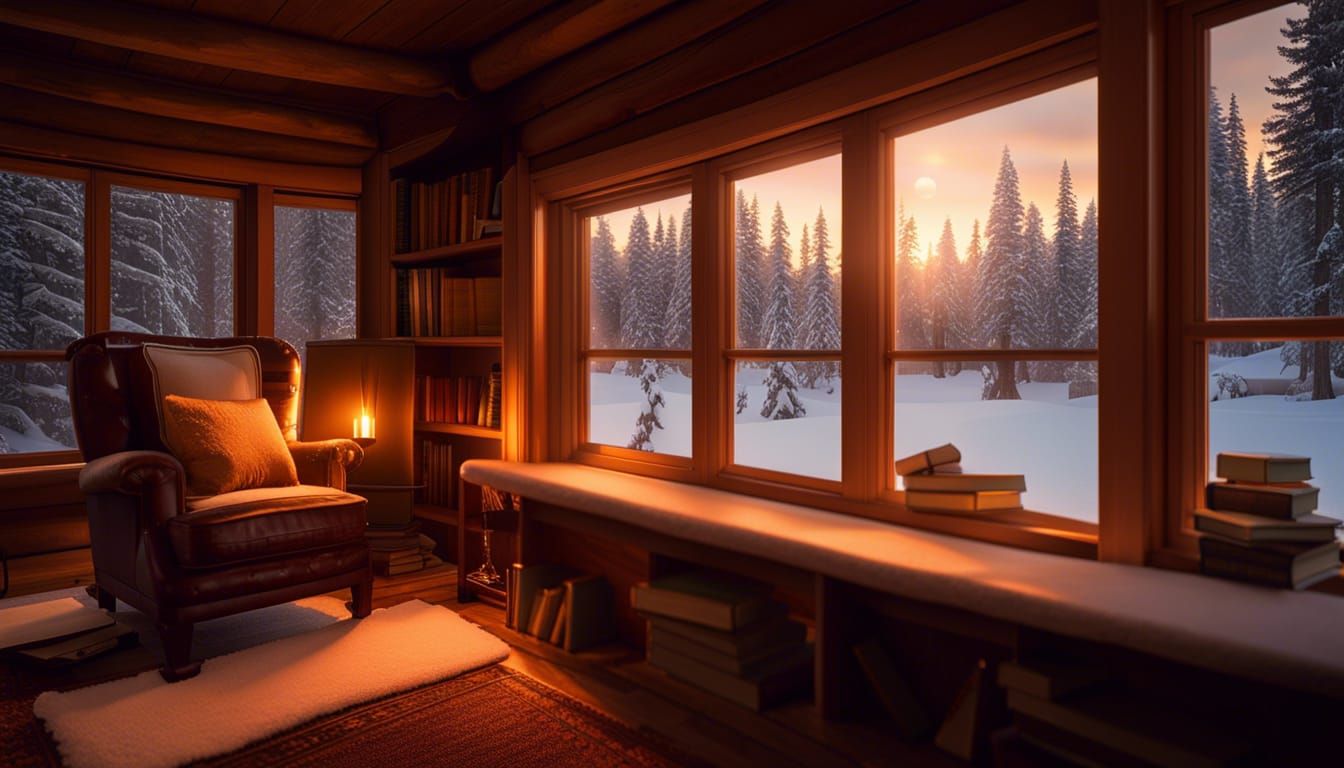 Cozy Winter Cabin Interior at Sunset