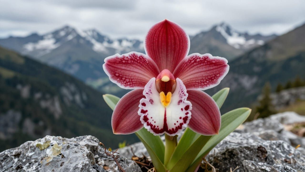 Vibrant Alpine Orchid in Mountain Vista, Cinematic Photo