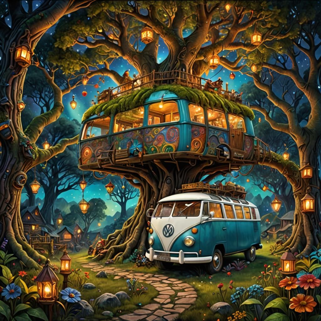 Enchanted Forest Camping Scene with VW Bus