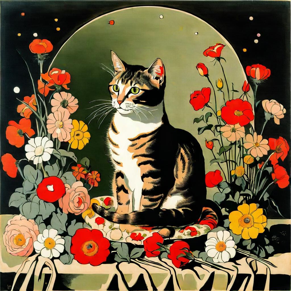 Cute Cat in Floral Setting, Surrealist Style