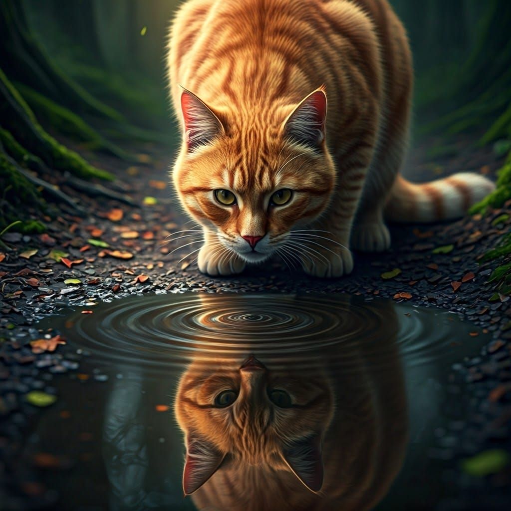 Orange Cat Stares Down Majestic Lion Reflection in Forest Pu...