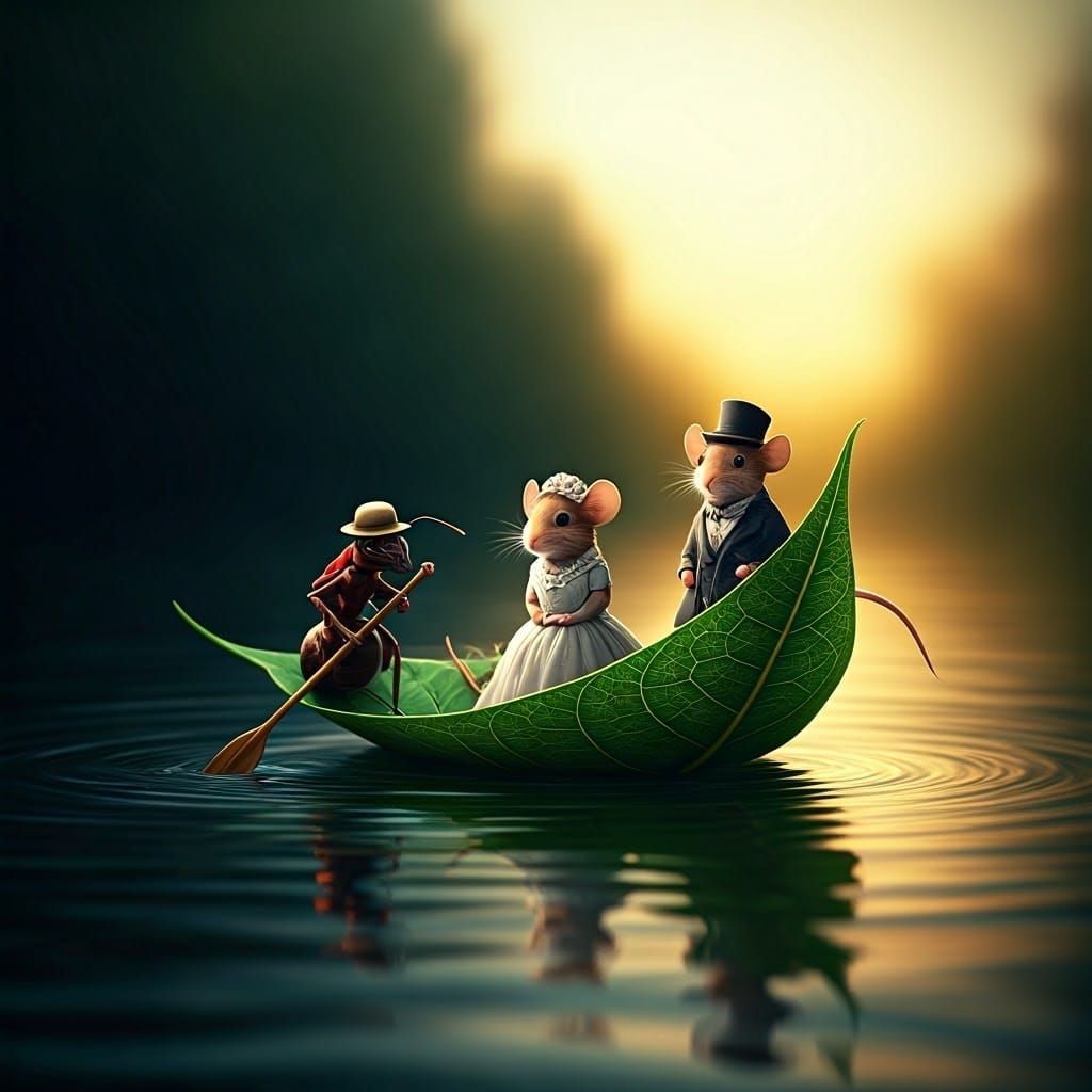 Whimsical Leaf Gondola Ride in Serene Lake Landscape