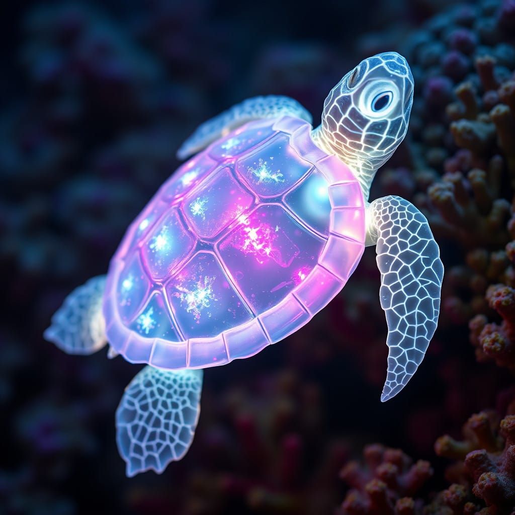 Glowing Turtle in a Magical Coral Reef Scene