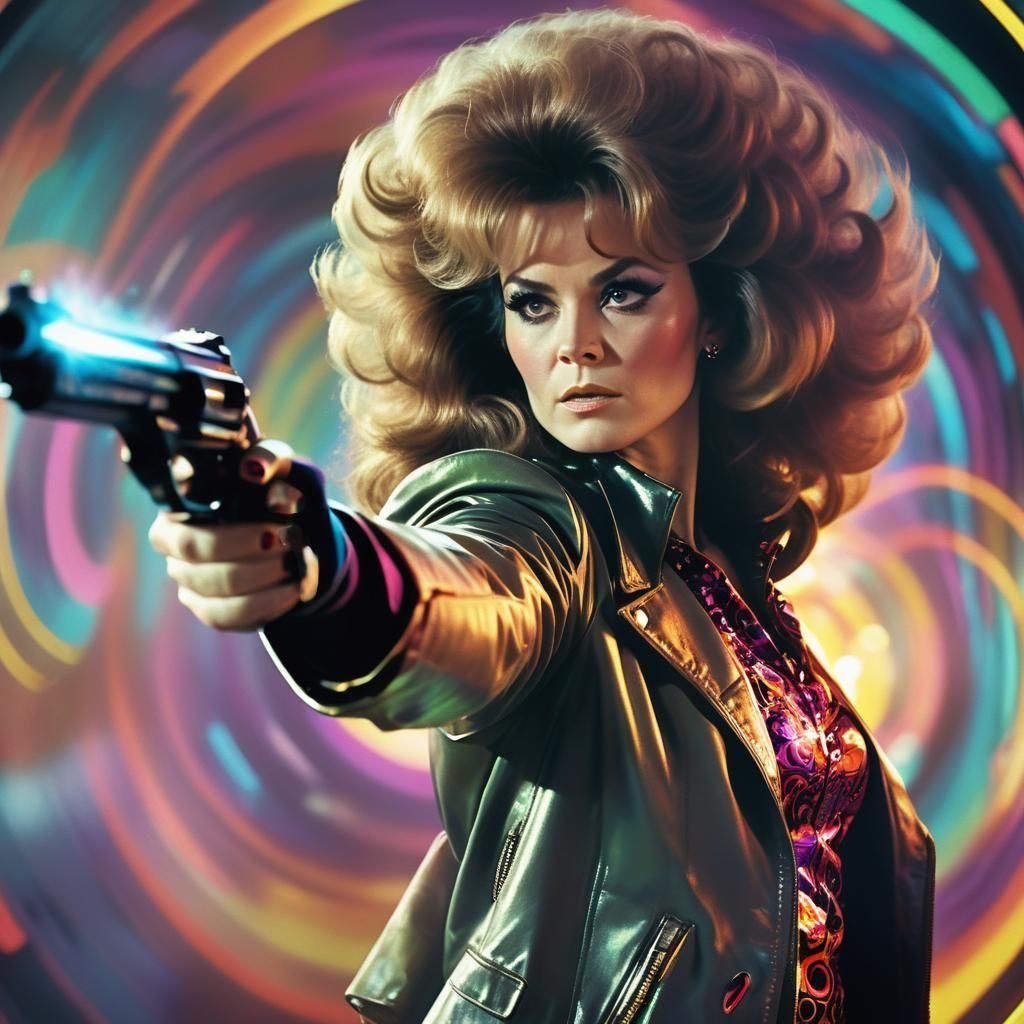 Retro Woman with Pistol and Dimensional Portal