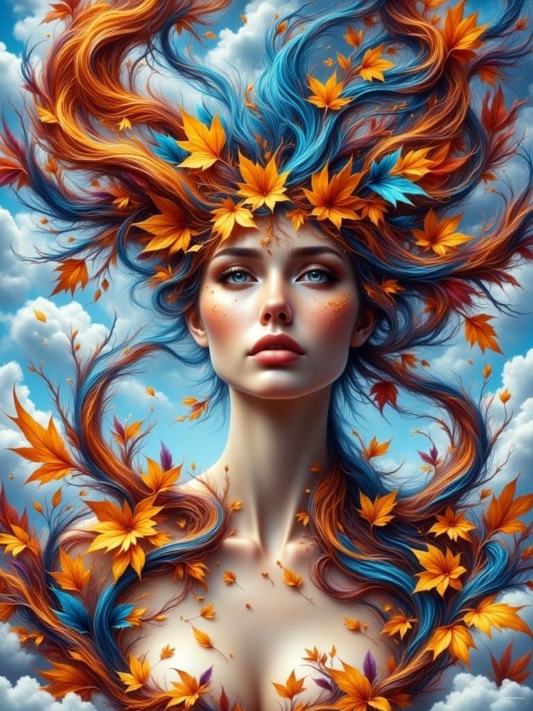 Hyperrealism Autumn Goddess Amidst Clouds