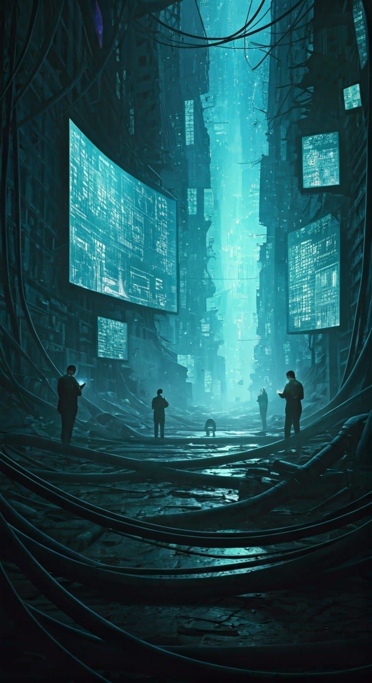 Dystopian Cyberpunk Cityscape in Ruins with Addicted Humans