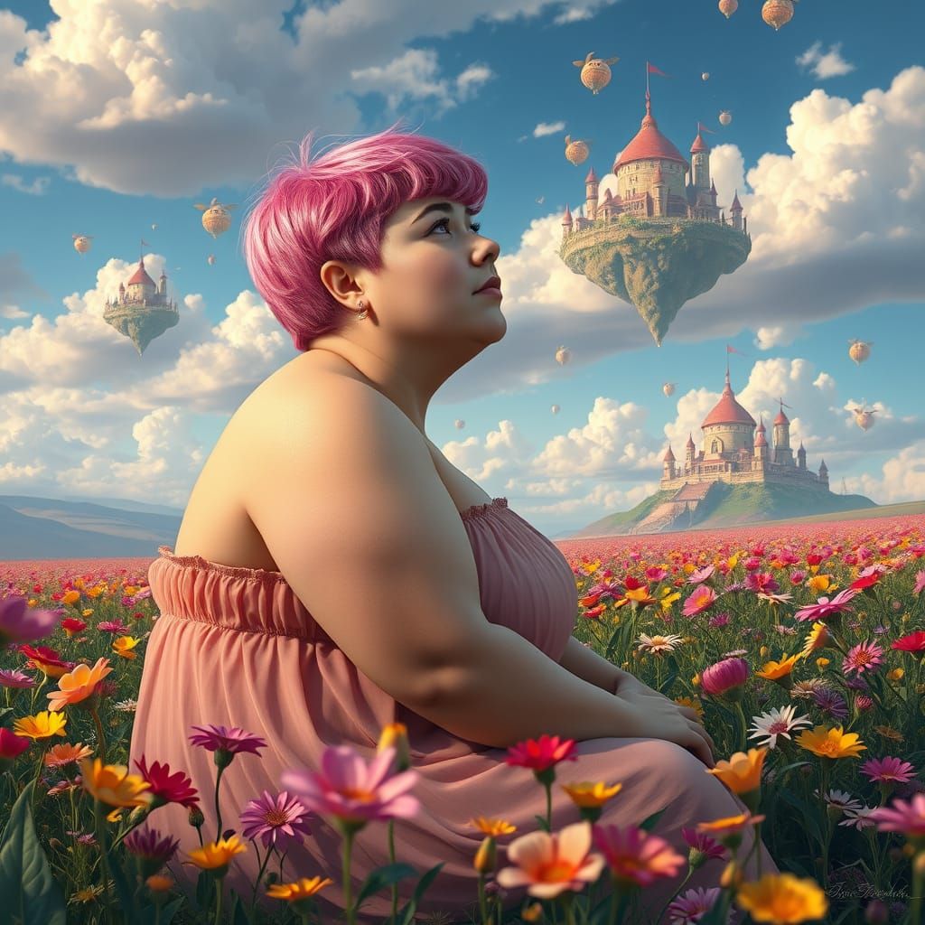 Whimsical Fantasy World with a Chubby Woman
