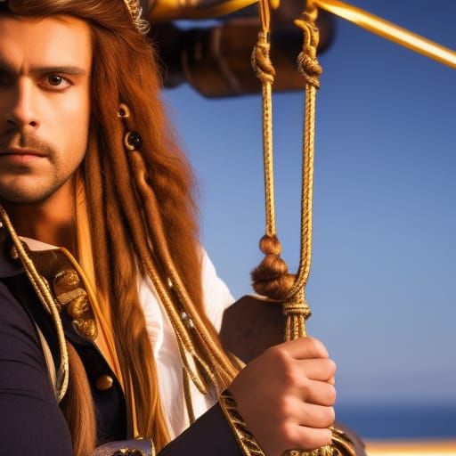 Pirate Portrait on Ship at Sunset, Detailed Digital Art