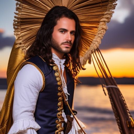 1700s Pirate Portrait on Ship at Sunset