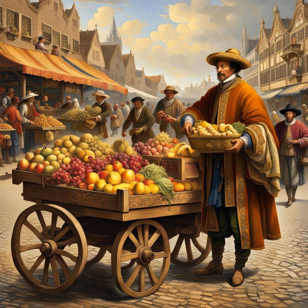 Renaissance Man Buys Fruit in Bustling Market