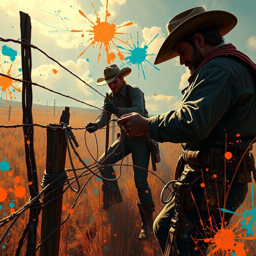 Old West Ranchers Mending Fences: 4K Resolution Art