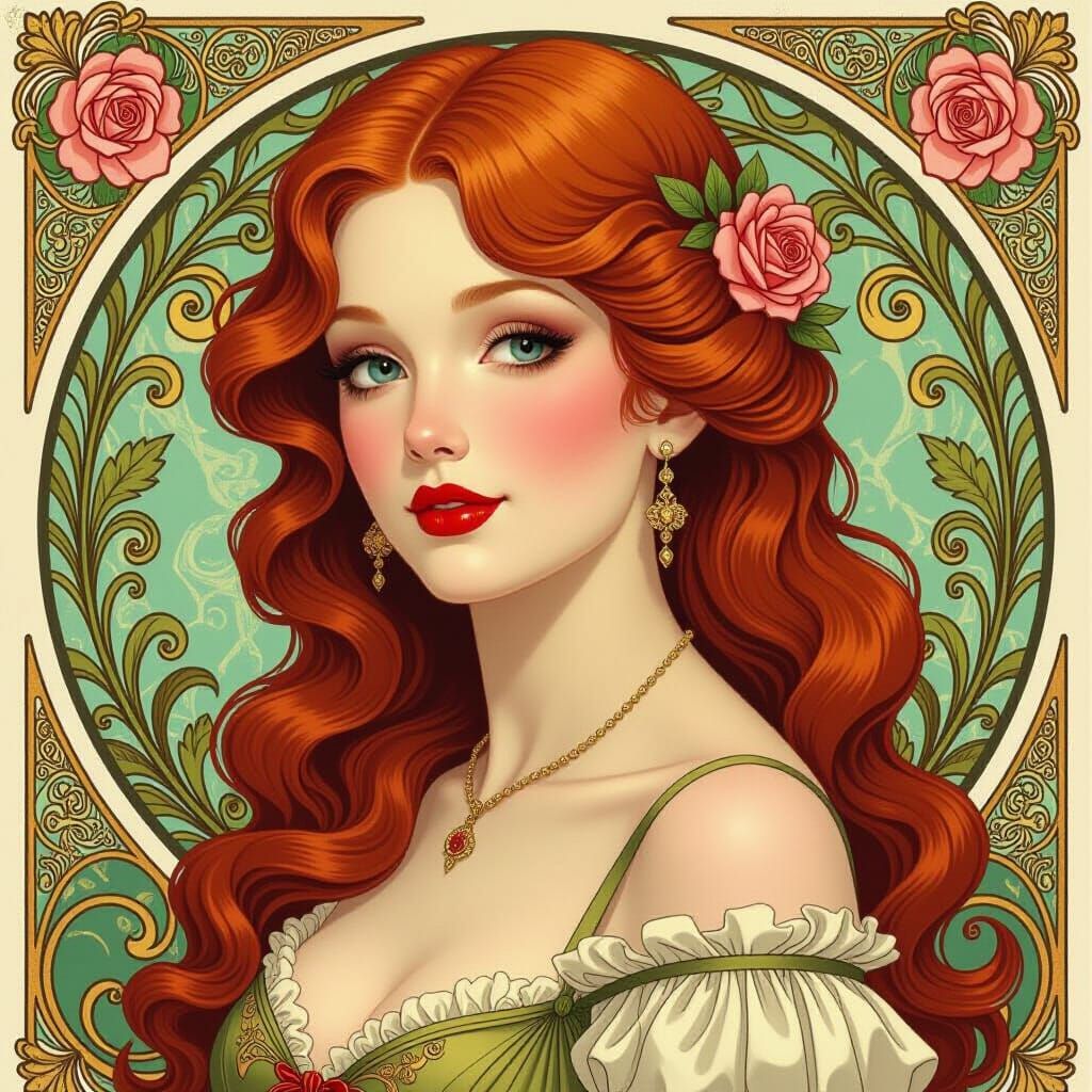 Red-Haired Woman Portrait in Art Nouveau Style