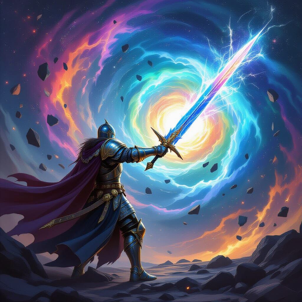 Knight Guards Cosmic Portal with Energy Sword