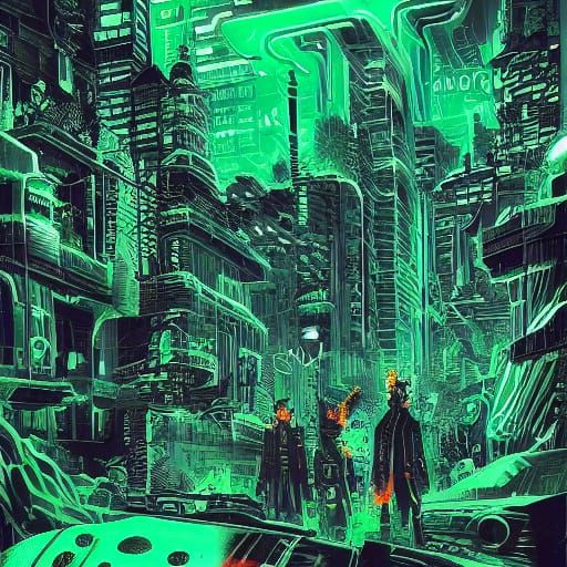 Green Neon Cyberpunk Gang in Futuristic Style