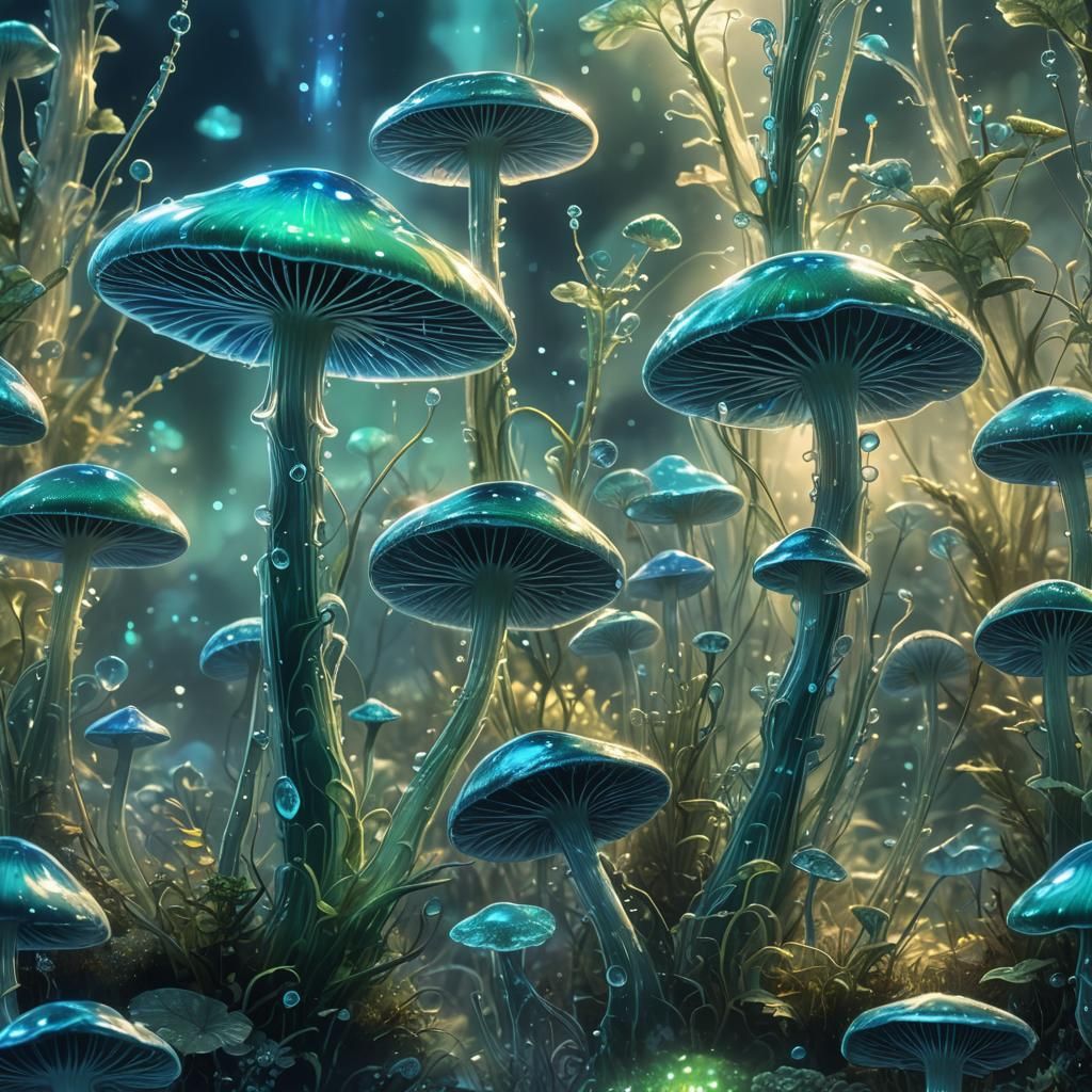 Bioluminescent Crystal Mushroom in Digital Painting Style