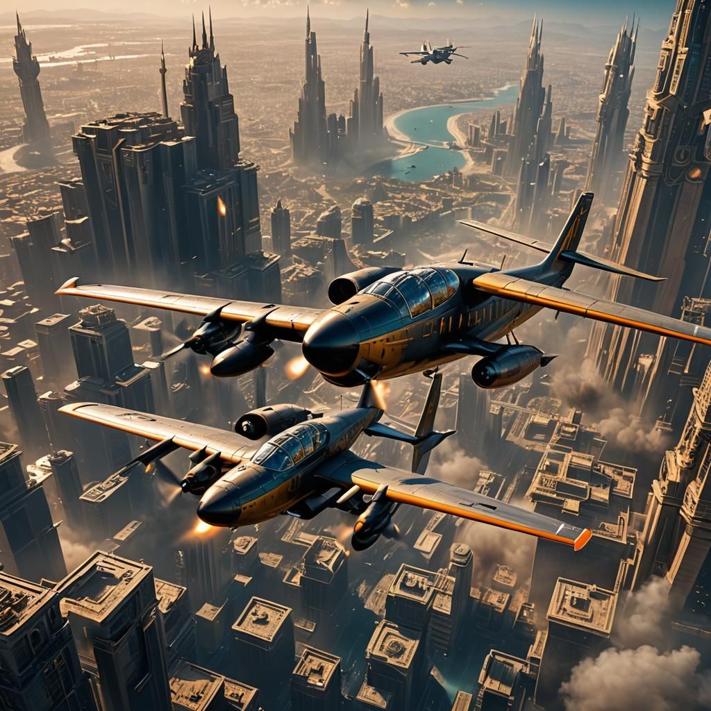 Arabs Fly Plane Towards Skyscrapers: Matte Painting