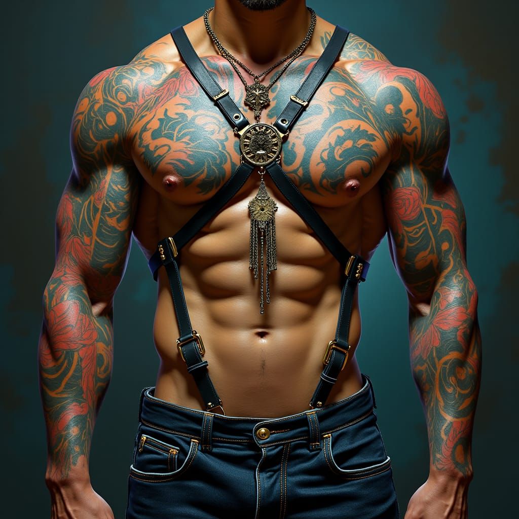 A muscular male torso with chiseled pecs and rippling biceps, adorned with vibrant, intricate tattoos that wrap around h...
