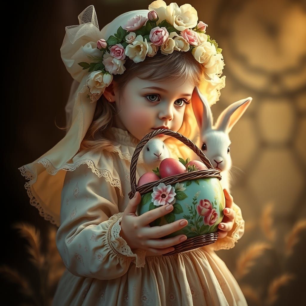 Child Surrounded by Whimsical Floral Wreath and Easter Egg B...