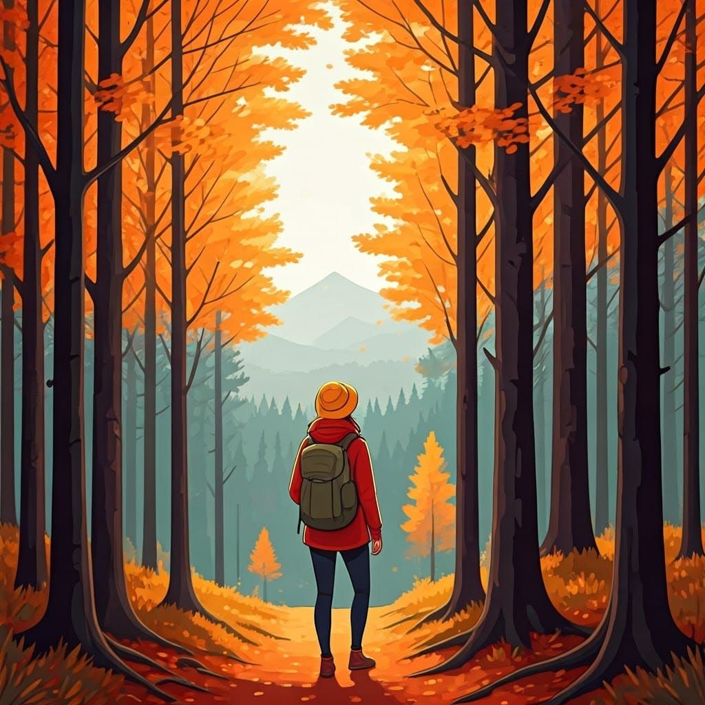 Autumn Hike in Whimsical Digital Art Style