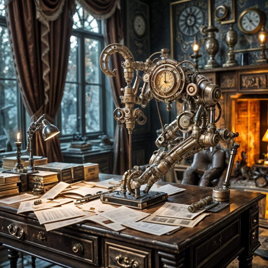 Steampunk Mechanical Writing Arm in Victorian Room