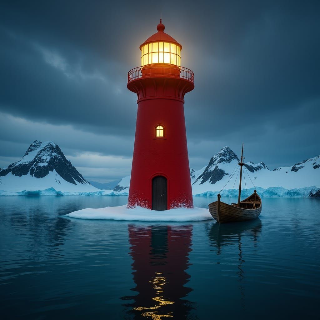 Melancholic cloudy image of a red lighthouse, wide in circumference and not so high, although with an important light, o...
